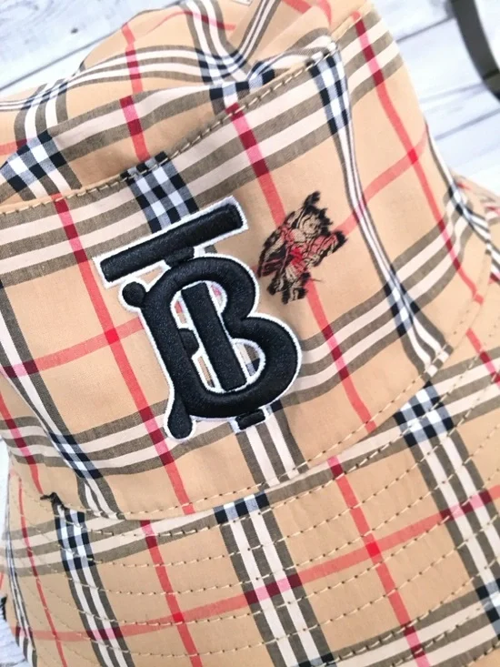Burberry Tan Plaid Bucket Hat with Black TB Monogram - Picture 2 of 4